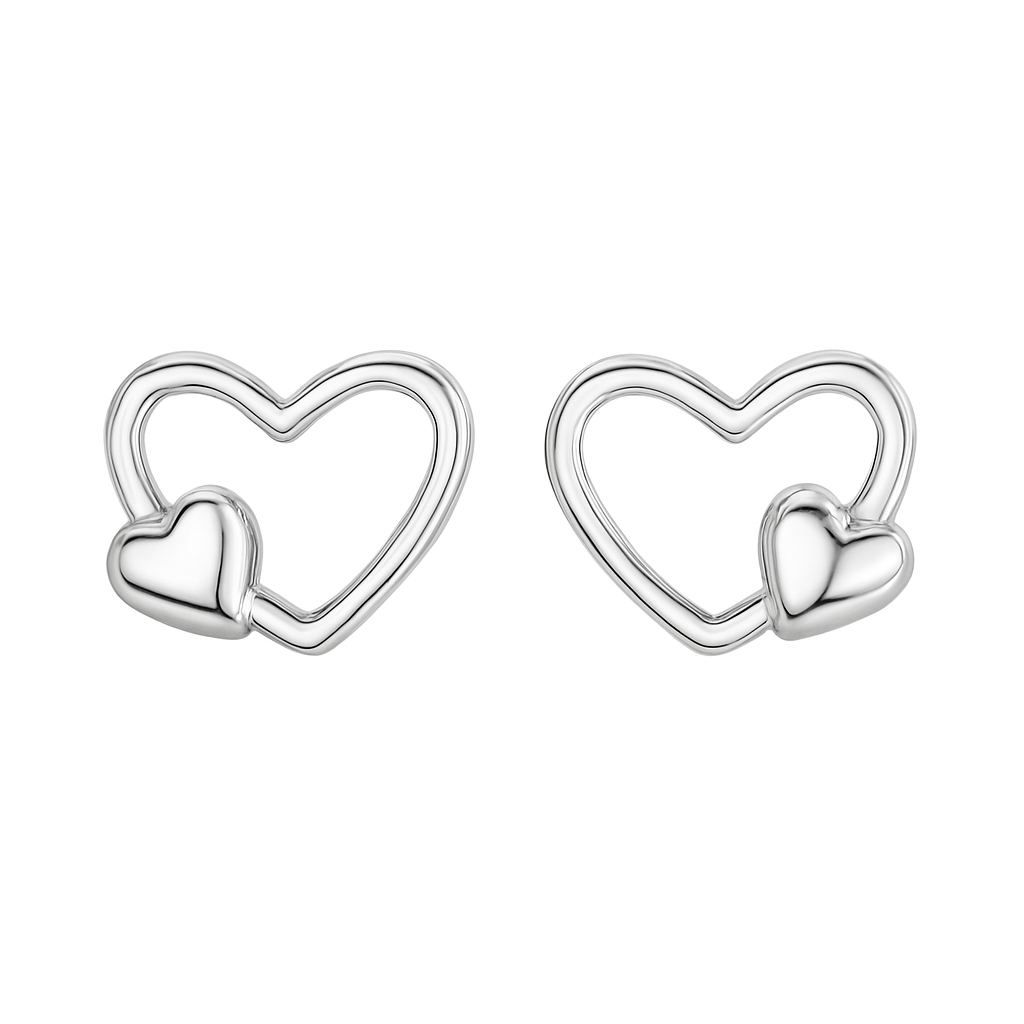 Pair of silver heart-shaped earrings on a white background