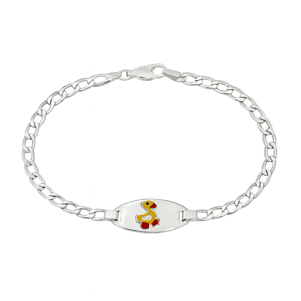 Silver bracelet with a child's ID tag featuring a yellow enamel duck on a white background