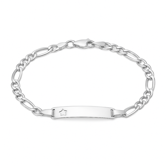 Silver chain bracelet with an engravable plate on a white background