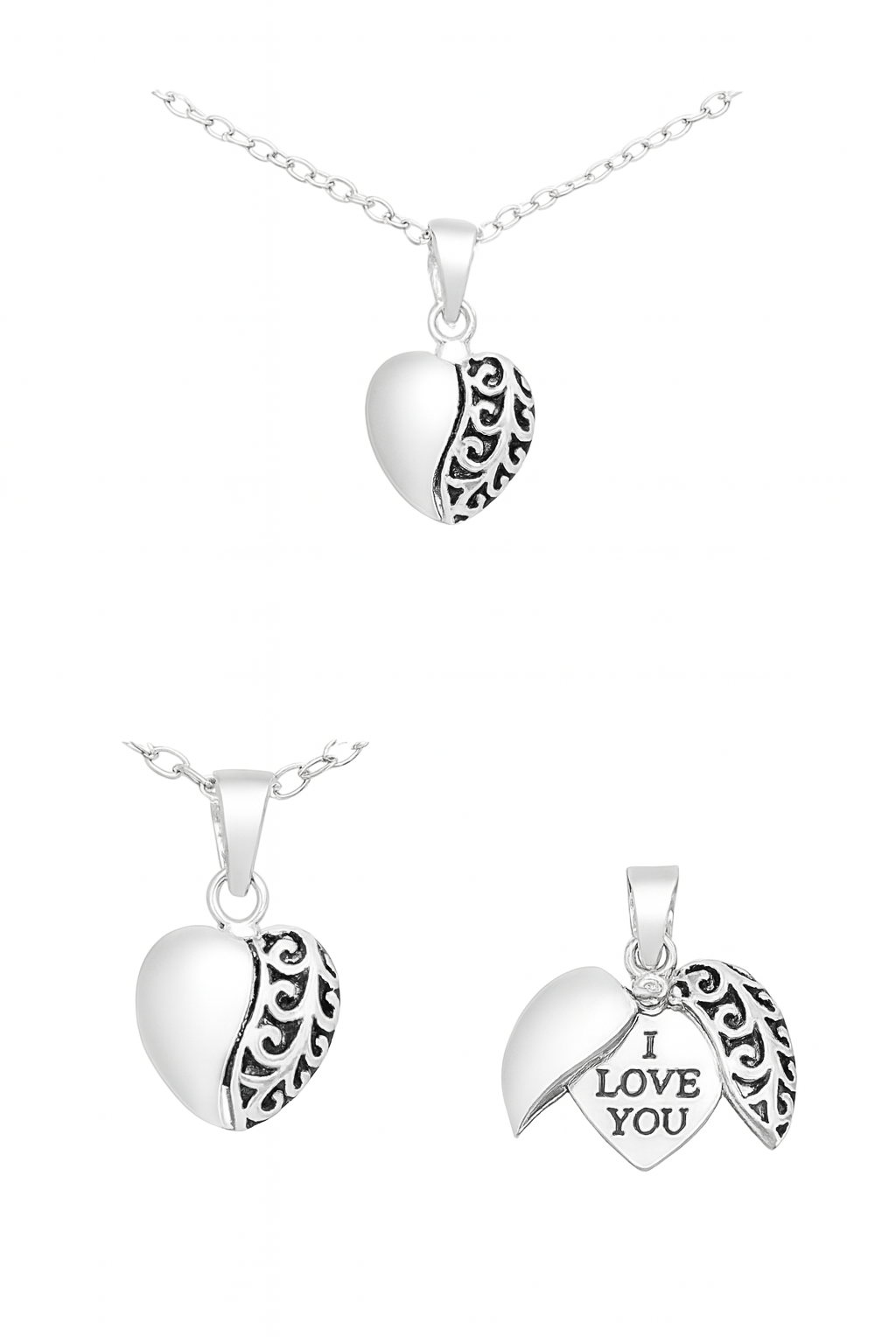 Composite product image of a silver heart locket necklace shown from three angles: worn on a chain, closed to display its ornate filigree half design, and opened to reveal an inner heart inscribed with the words 'I LOVE YOU', all against a white background