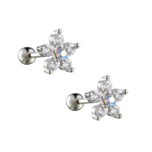 A pair of silver-coloured surgical steel earrings with clear cubic zirconia petals and an aurora borealis centre, attached with screw backs.