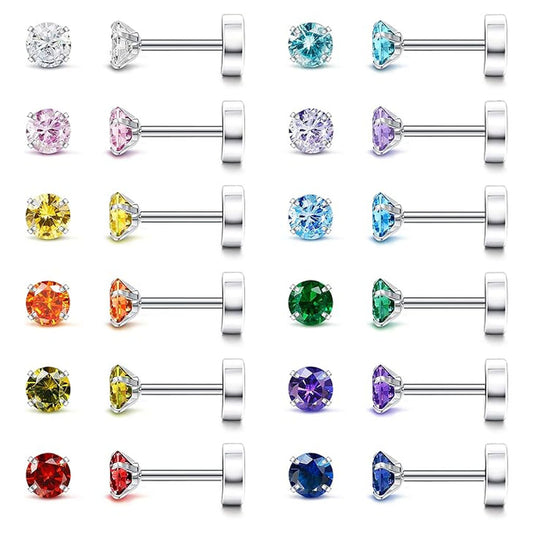 Set of colourful cubic zirconia birthstone earrings on a white background