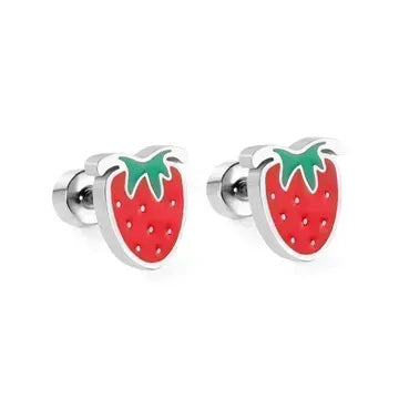 silver steel strawberry shaped stud earrings with red and green enamel on a plain white background