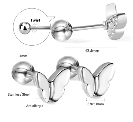 Butterfly-shaped earrings with measurements and material details on a white background