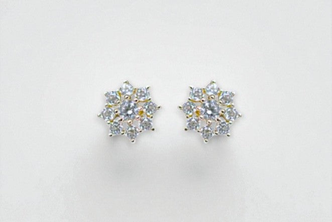 Pair of silver flower-shaped earrings on a light gray background
