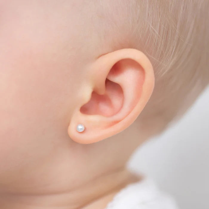 Baby Earrings: Sterling Silver 3mm White Pearl Earrings with Screw Backs