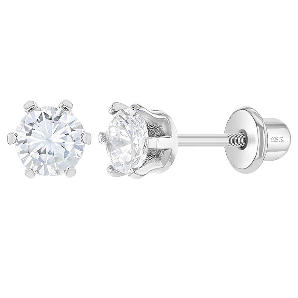 Children's Earrings: Sterling Silver Clear CZ 6 Prong Set 4mm Screw Back Earrings with Screw Backs