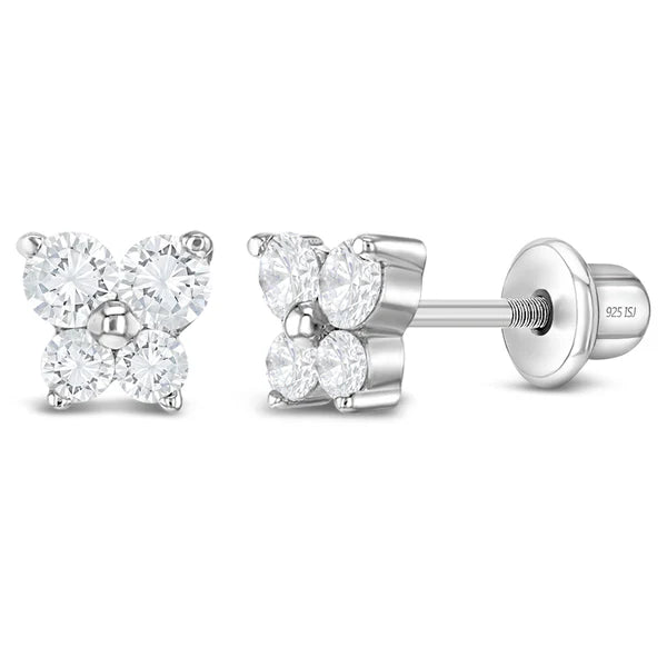 Butterfly earrings for kids - close up view of sterling silver CZ design