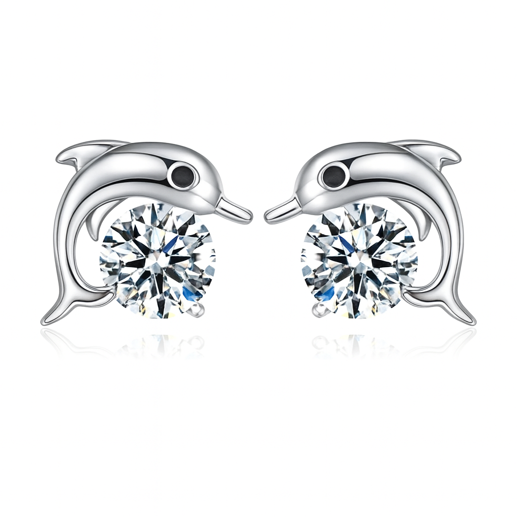 Dolphin-shaped earrings with sparkling clear cubic zirconia on a white background