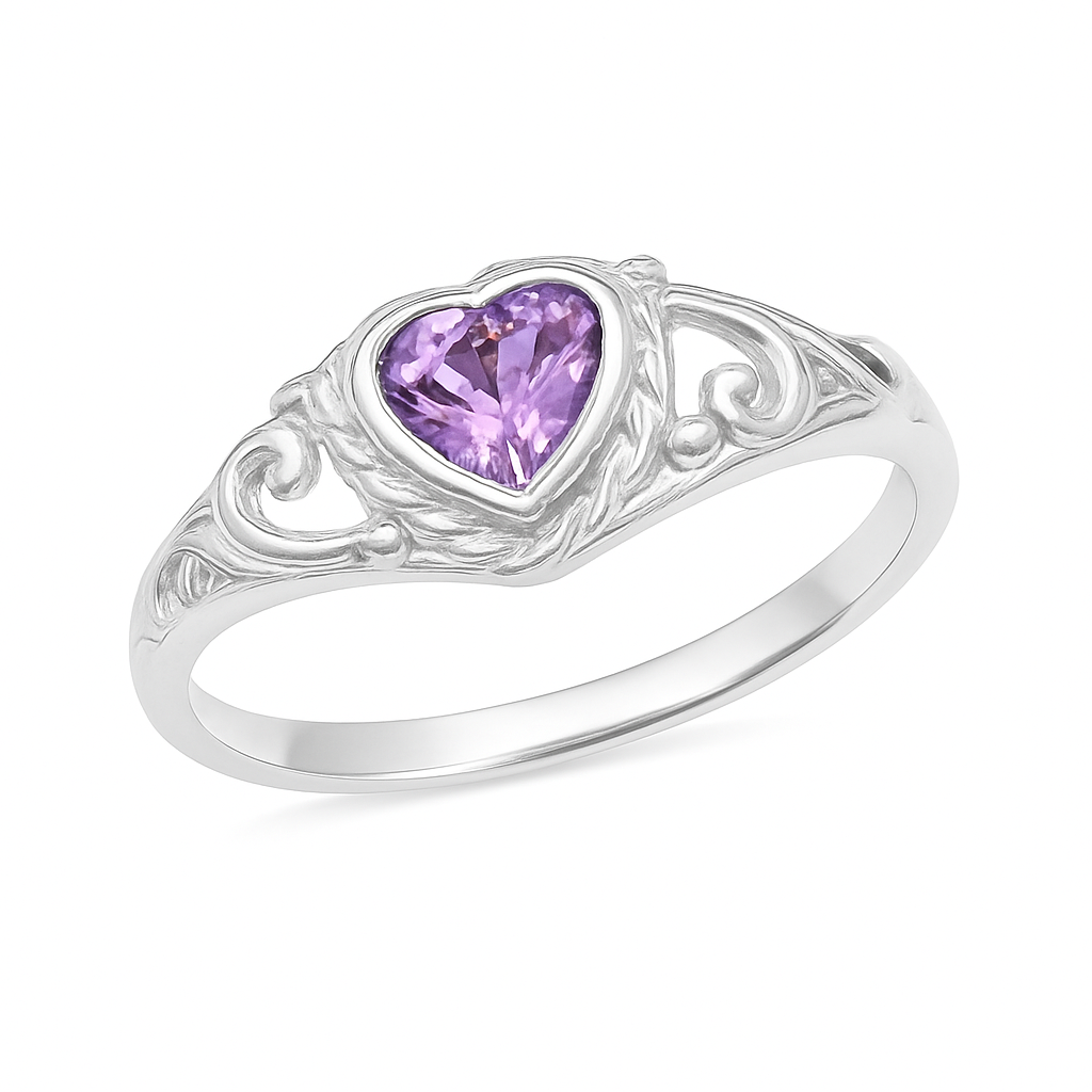 Silver ring with a heart-shaped purple gemstone on a white background