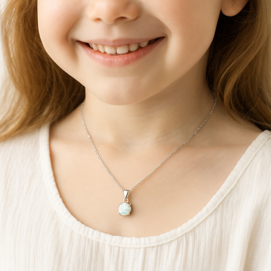 AI render of a young girl in a white top wearing a silver necklace with a round simulated opal pendant