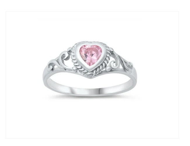 Sterling silver ring with a baby pink CZ heart set in a scroll setting, designed for children.