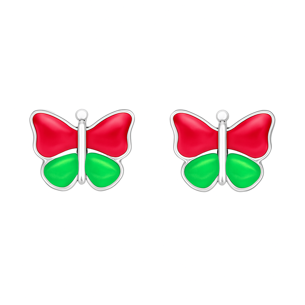 Butterfly-shaped earrings with red and green wings on a white background