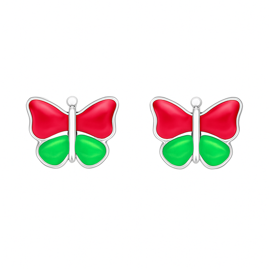 Butterfly-shaped earrings with red and green wings on a white background