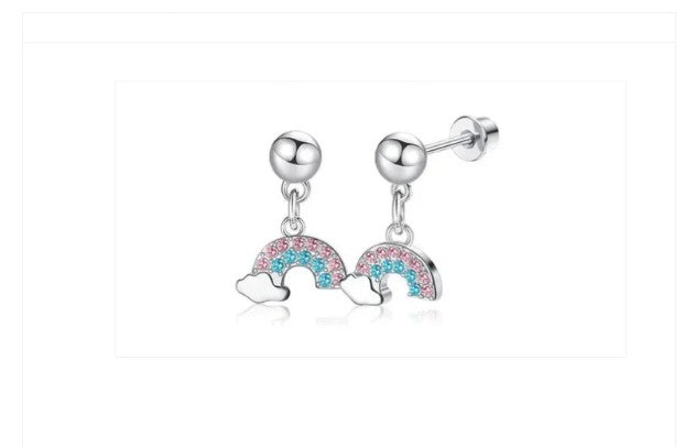 A pair of hypoallergenic surgical steel earrings featuring pink and blue cubic zirconia in a rainbow dangle design with screw backs.