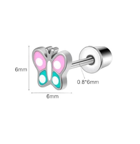 Butterfly-shaped earrings with measurements on a white background