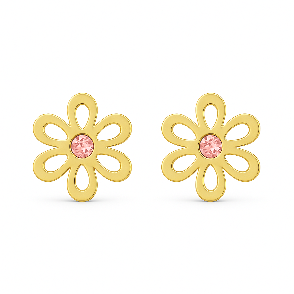 Gold flower-shaped earrings with pink centers on a white background