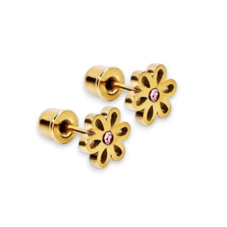 Gold flower-shaped earrings with pink centers on a white background