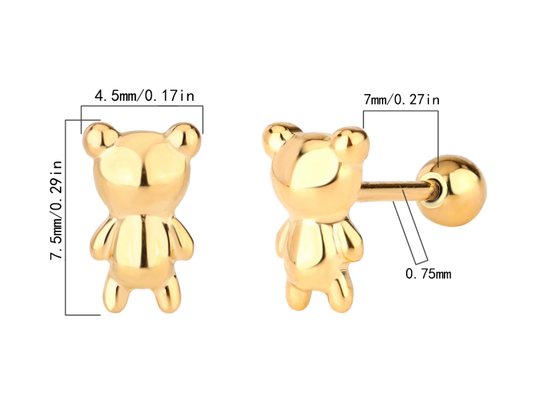Gold bear-shaped earrings with measurements on a white background