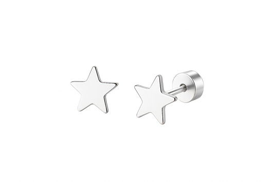A pair of children's stainless steel star-shaped stud earrings displayed on a plain white background