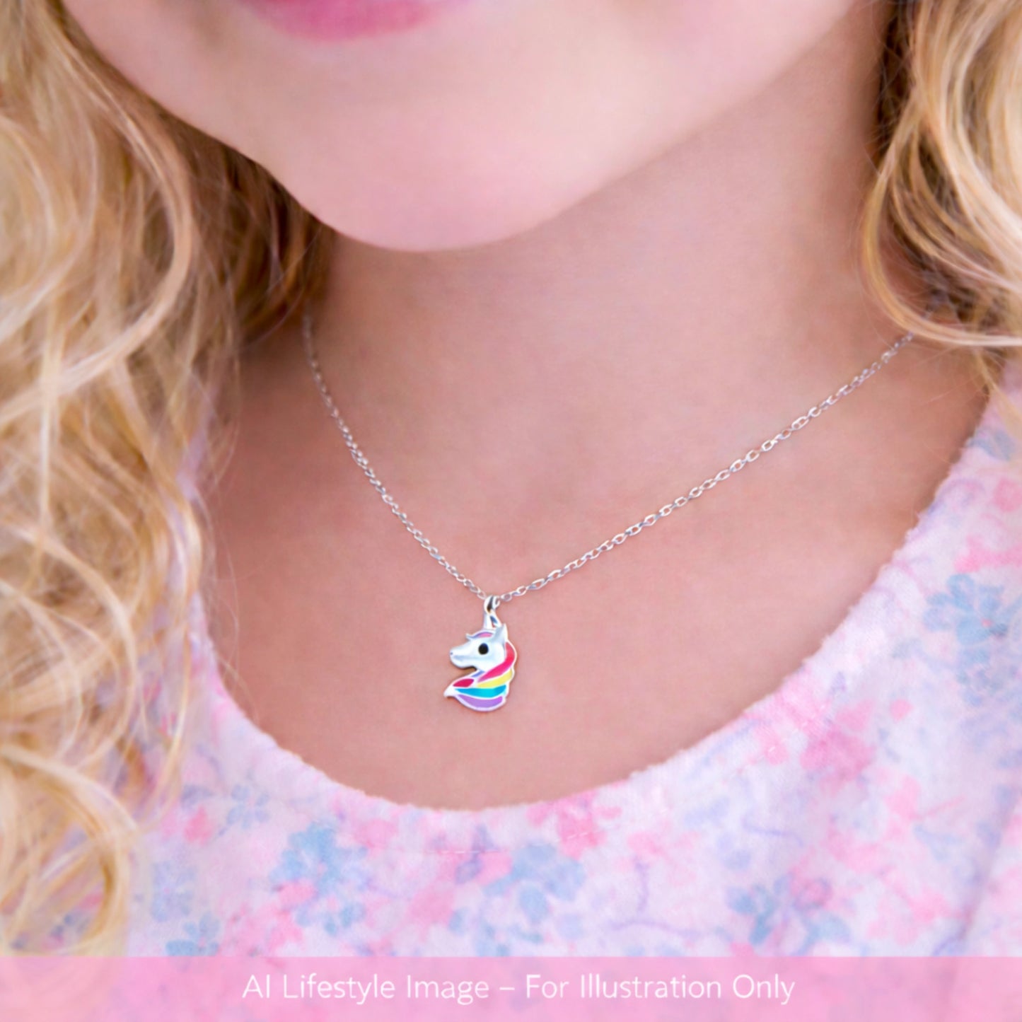 Children's necklaces featuring a sterling silver enamel unicorn pendant worn by a child.