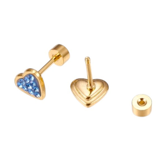 Gold heart-shaped earrings with blue gemstones on a white background