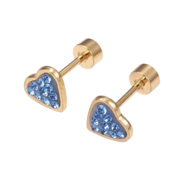 Heart-shaped earrings with blue gemstones and gold posts on a white background