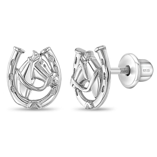 Silver horseshoe-shaped earrings on a white background