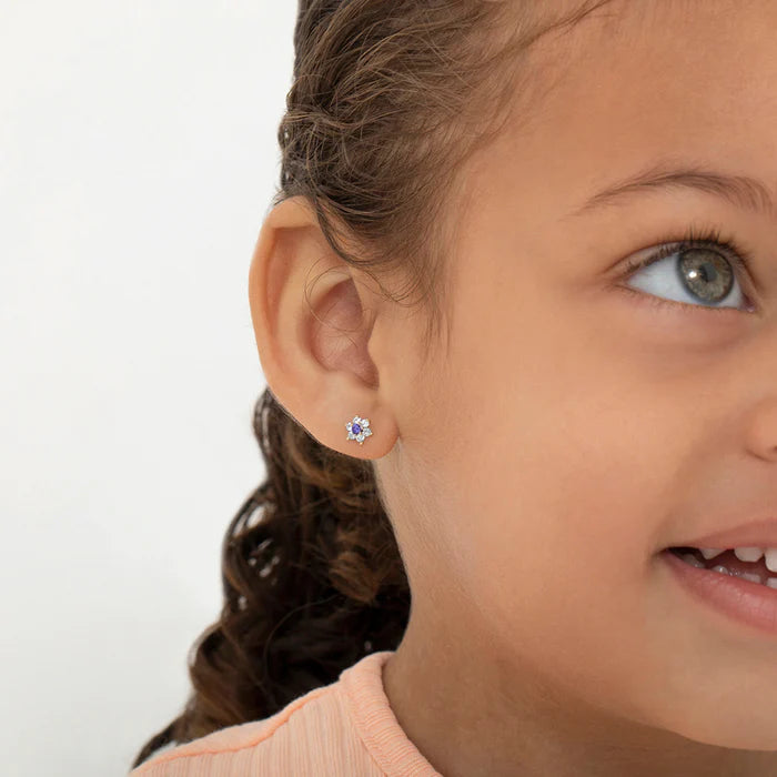 Baby and Children's Earrings: 14k Gold, AAA White and Lavender CZ Flowers with Screw Backs with Gift Box