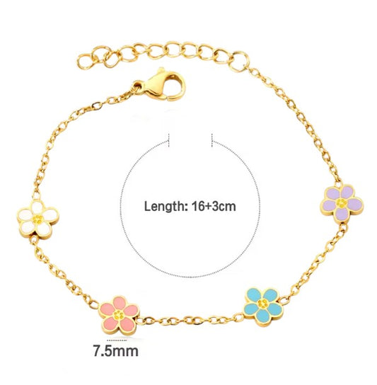 Sweet Spring Blooms Bracelet for Girls featuring colorful flower charms in gold, hypoallergenic surgical steel, measuring 16+3cm.