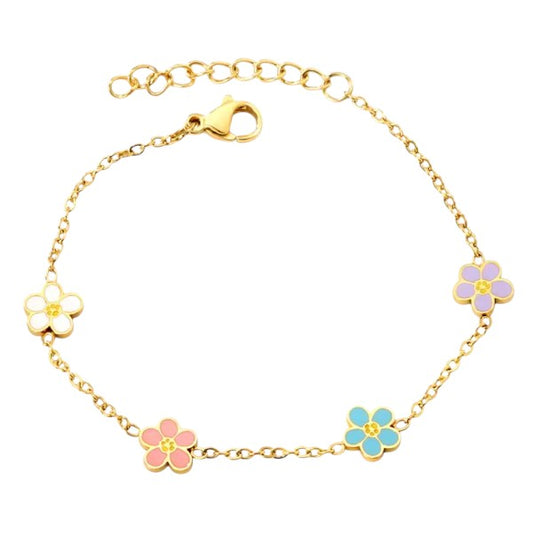 Sweet Spring Blooms Bracelet for Girls featuring colorful floral charms on a gold chain.
