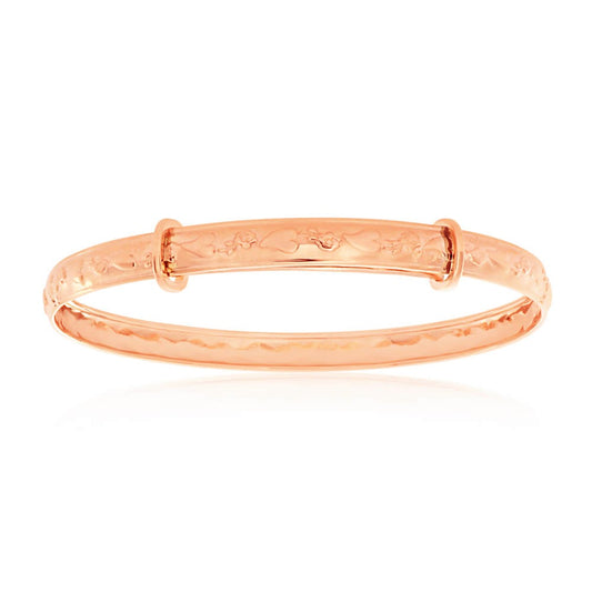Baby Bangles:  9k Rose Gold Hearts and Roses Adjustable Christening Bangle 3 Months - Age 3 with Gift Box