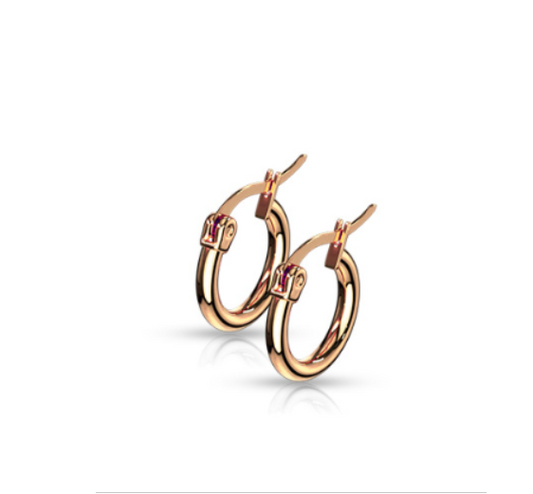 A pair of rose gold colored hinged hoop earrings designed for children.