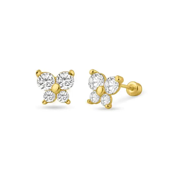 Children's Earrings: 14k Solid Gold AAA Clear CZ Butterfly Screw Back earrings with Gold Centres, with Gift Box