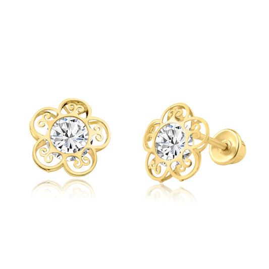 Children's Earrings:  14k Gold Filigree Flower with CZ Earrings with Screw Backs and Gift Box