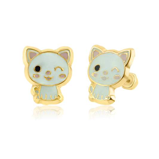 Children's Earrings:  14k Gold Winking Kitty Earrings with Screw Backs and Gift Box