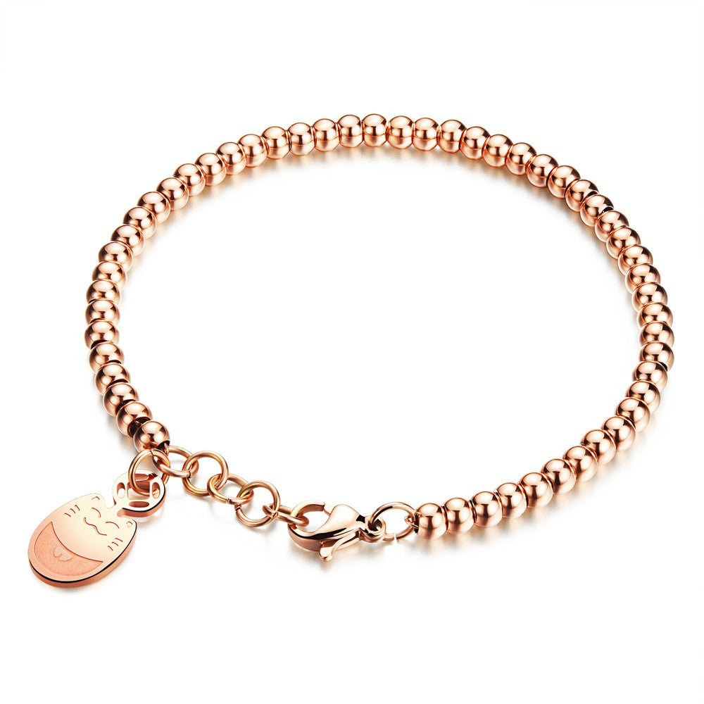 Children's/Teens'/Mothers' Bracelets/Anklets: Titanium Ball Bracelet, Rose Gold IP, with Disc Engraved with Cat, with Gift Box