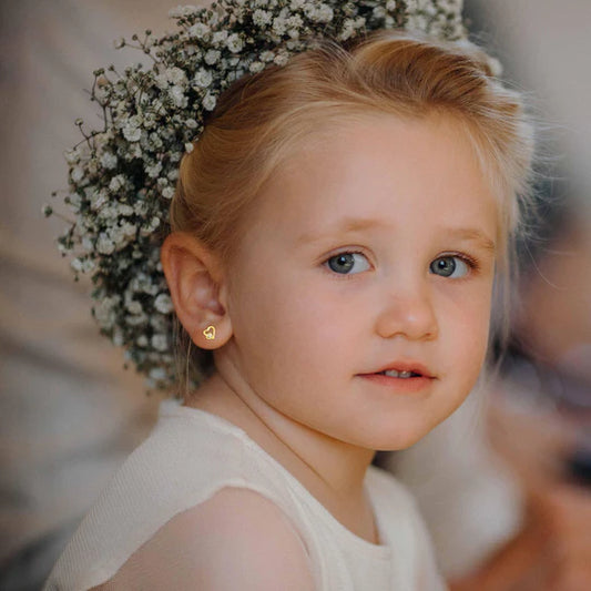 Children's Earrings: 14K Gold Over Sterling Silver CZ Heart on Heart