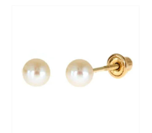 A pair of 14k gold pearl stud earrings on a plain white background
