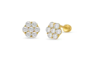Children's gold earrings - close up view of 14k gold CZ flower design