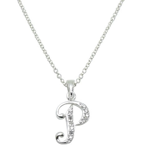 Children's Necklaces:  Sterling Silver/CZ Initial P Necklaces on Your Choice of Chain Length