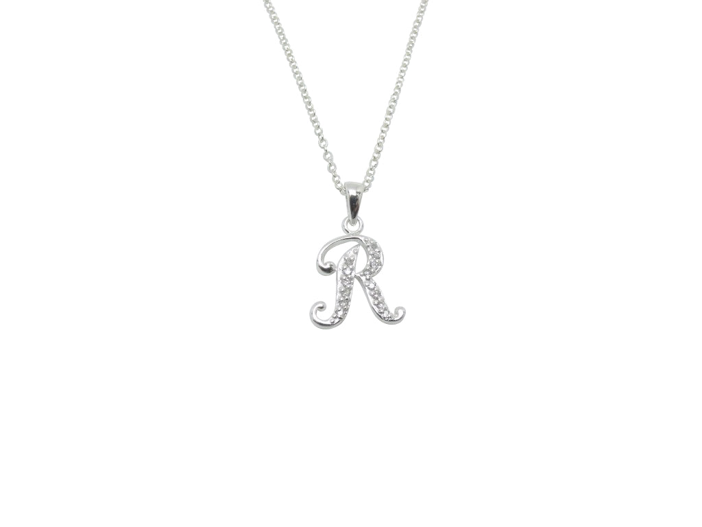 Children's Necklaces:  Sterling Silver/CZ Initial R Necklaces On Your Choice of Chain Length