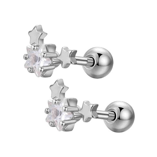Children's Earrings:  Surgical Steel, Clear CZ, Triple Stars Earrings with Screw Backs