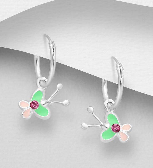 Childrens Earrings: Sterling Silver Sleepers with Pink and Blue Butterflies