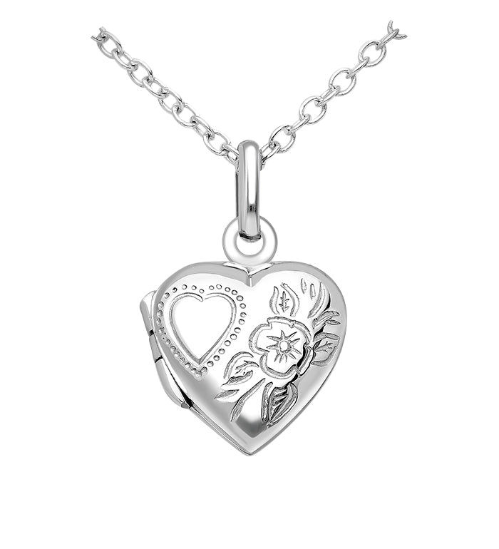 Children's Locket Necklaces: Sterling Silver Embossed Hearts and Flowers Locket Necklaces