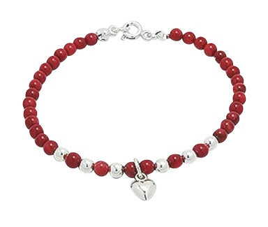 Children's and Teens' Bracelets:  Sterling Silver, Red Coral Ball Bracelets with Silver Puffed Heart