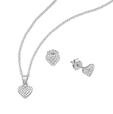 Children's Necklace and Earrings Set: Sterling Silver, Pave Set CZ Heart Necklace and Earrings Sets