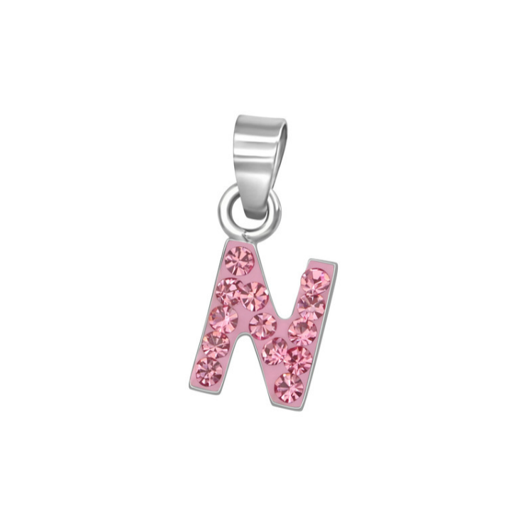 Baby and Toddler Necklaces: Sterling Silver, Pink CZ Encrusted Initial "N" Necklaces on 12" or 13" Chains