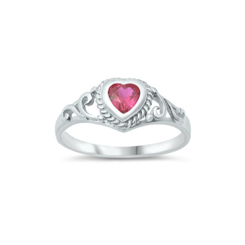 A sterling silver children's ring with a heart-shaped ruby CZ in the center, featuring intricate designs on the band.
