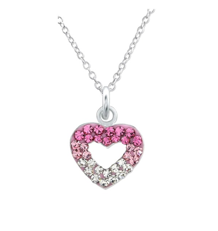 Children's Necklaces: Sterling Silver Pink and White Crystal Open Heart Necklaces with Gift Box